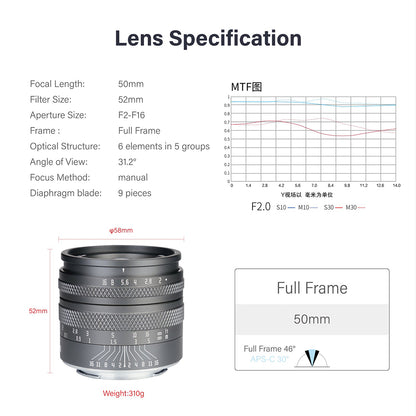 50mm F2.0 Full-frame Portrait Lens for E/FX/EOS-R/EOS-M/L/Z