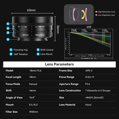 18mm F5.6 APS-C Shift Lens for E/FX/L/Z