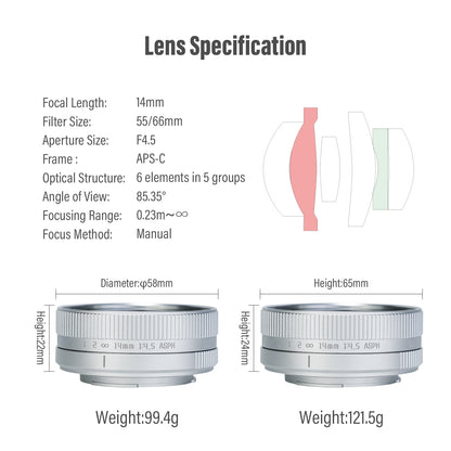 14mm F4.5 APS-C Wide-angle lens for E/FX/EOS-M/M43/Z