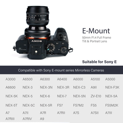 50mm F1.4 Full-frame Tilt lens for E/FX/EOS-R/L